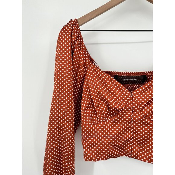 Code X Mode Crop Top Women Medium Copper Polka Dot Satin Long Sleeve Smocked - Picture 3 of 10